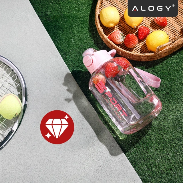 Duża Butelka Motywacyjna na Wodę 1.7L Bidon Sportowy z Miarką, Uchwytem i Pokrywką 2w1 (Dzióbek + Słomka), Wygodna i Szczelna, Alogy Sport 1700ml – Różowa