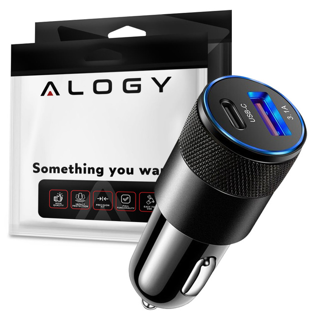 Alogy Ładowarka samochodowa do auta USB-C + USB 3.1A Czarna