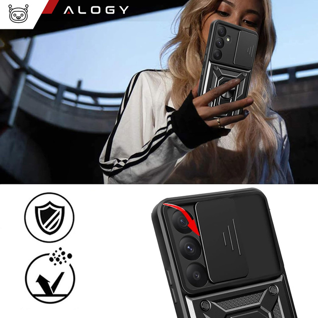 Etui pancerne do Samsung Galaxy A35 5G Camshield Case Ring Alogy Stand z osłonką na aparat slide czarne