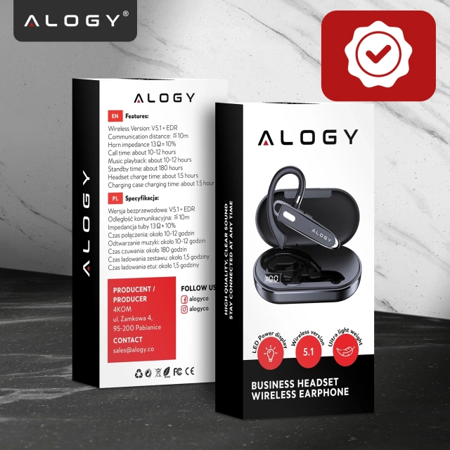 Słuchawka Bluetooth do rozmów – bezprzewodowa, Bluetooth 5.1, do 12h rozmów, z etui ładującym, lekka i wygodna dla kierowcy – Alogy DriveTalk™ Czarna