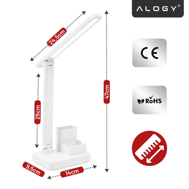 Lampka biurkowa nocna LED – akumulator 2400 mAh, organizer na długopisy i telefon, regulowane światło, idealna na biurko i do nauki – Alogy Light&Organize™ Biała