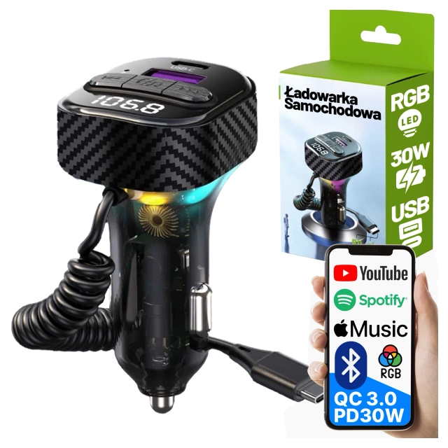 Transmiter FM Bluetooth 5.3 z Ładowarką Samochodową PD 30W QC3.0, Kabel Sprężynowy USB-C, Obsługa Pendrive, Podświetlenie LED 7 Barw – Alogy CarTune™ Czarny