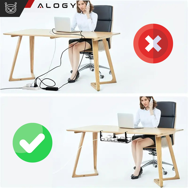 Alogy Organizer kabli uchwyt półka pod blat na kable listwy biurkowy podbiurkowy aluminiowy 38.5cm Czarny