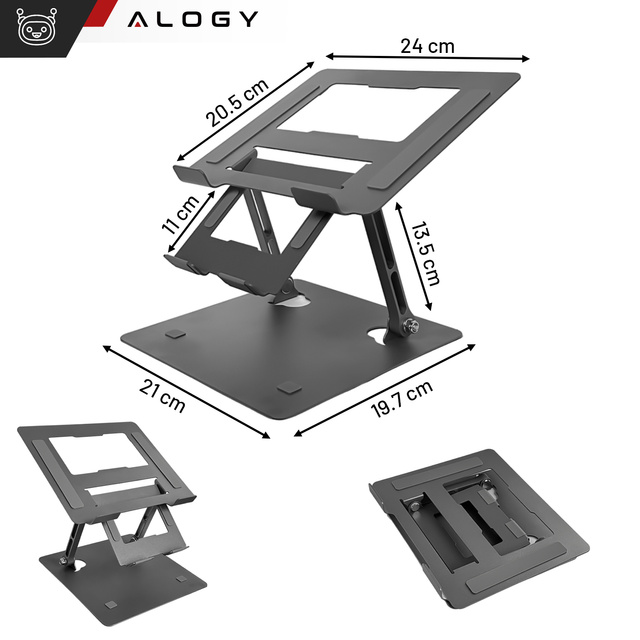 Alogy Uchwyt na laptop 17" Macbook tablet telefon stojak 2w1 podstawka składany regulowany aluminiowy na biurko Grafitowy