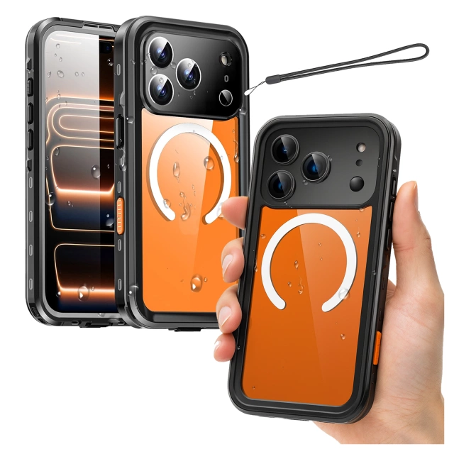 Etui Wodoodporne do Apple iPhone 17 Pro 6,3", Pancerna Obudowa 360° z Przezroczystym Tyłem, Kompatybilna z MagSafe, Alogy HydroArmor™ IP68 Case – Czarne