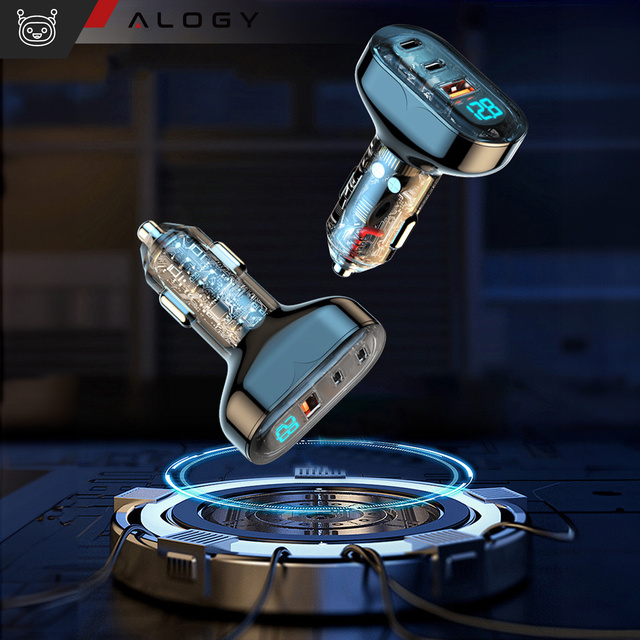 Ładowarka samochodowa 2x USB C PD 36W + USB QC 3.0 LED szybka do telefonu mocna 72W Alogy czarna