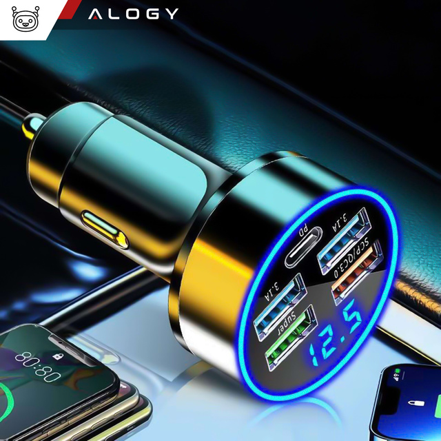 Alogy Car Ładowarka samochodowa 4x USB QC 3.0 + USB C PD 20W LED szybka mocna 250W czarna