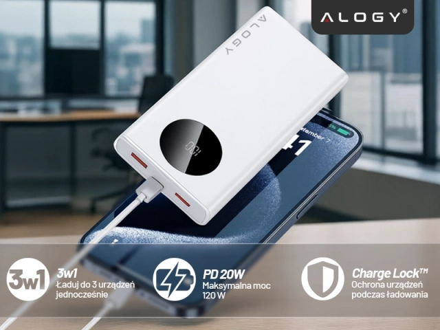 PowerBank 10000mAh z Technologią PD 120W, Szybkie Ładowanie PowerDelivery, Porty 2x USB-A i 1x USB-C, Wysoka Moc i Kompaktowy Design, Alogy TurboCharge™ – Biały