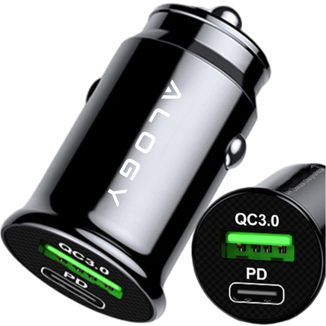 Alogy Car Ładowarka samochodowa USB QC 3.0 18W + USB C PD 20W szybka mocna do telefonu czarna