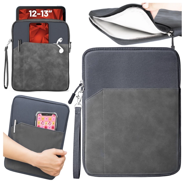 Torba Wsuwka Uniwersalna na tablet laptop 12–13" z Smyczką i Kieszonką, Ochronna, Wodoodporna, Miękkie Wnętrze Alogy SleeveBag™ – Etui do MacBook, iPad, Samsung, Lenovo, Xiaomi, Szary