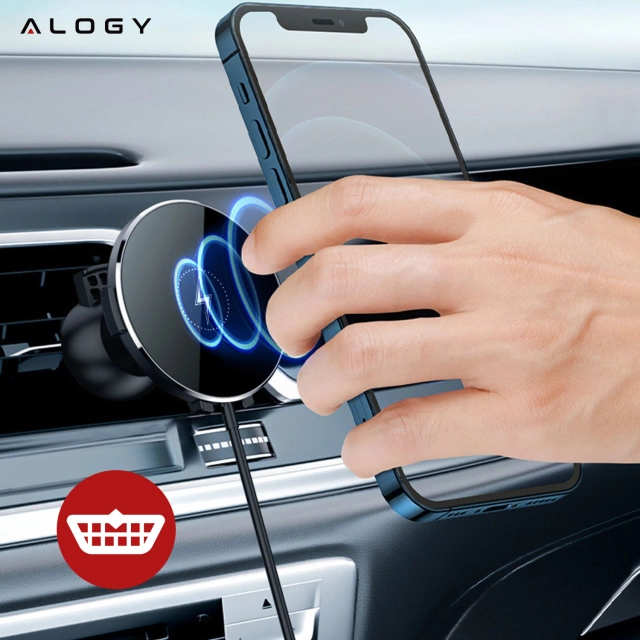 Alogy Uchwyt do samochodu 2w1 z ładowarką Qi Airvent MagSafe Charger do MagSafe 15W do kratki samochodowy Czarny