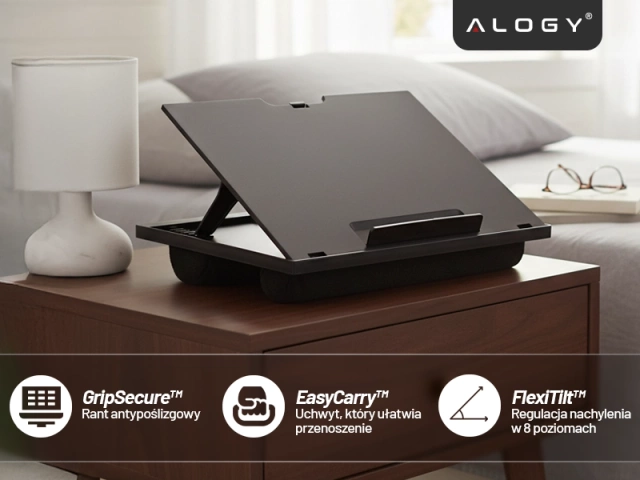 Składana Podstawka na Laptopa do 16 cali z Regulacją Kąta Nachylenia, Miękkimi Poduszkami i Antypoślizgową Powierzchnią, do Pracy w Łóżku i na Sofie, Alogy LapDesk™ – Czarna