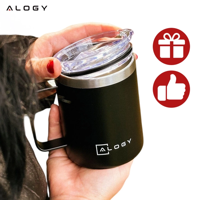 Alogy Kubek termiczny z uchwytem Thermal Mug otwierana pokrywka stalowy zimno i ciepło Czarny