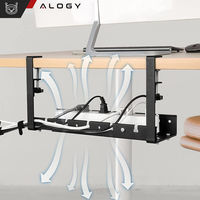 Alogy Organizer kabli pod blat półka regulowana na kable listwe biurkowy aluminiowy uchwyt Czarny 