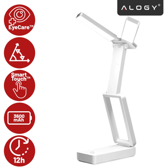 Lampa biurkowa LED 3600 mAh – regulacja natężenia i barwy światła, składana konstrukcja, zasilanie USB-C – Alogy LumiCharge Pro™ Biała