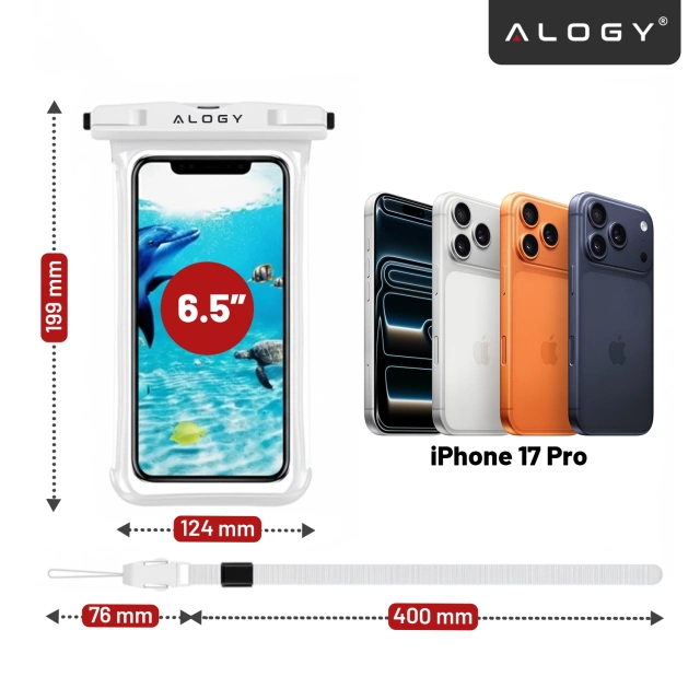 Etui Wodoodporne Uniwersalne IPX8 do Telefonów do 6.5", Wodoszczelna Ochrona na Plażę, Basen i Kajak, Dotykowy Front i Pasek na Szyję, Alogy HydroShield™ – Białe