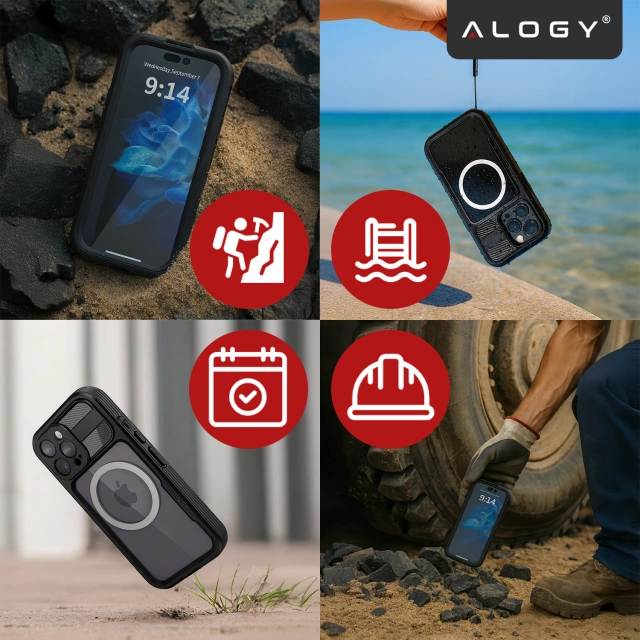 Etui Wodoodporne Alogy HydroArmor™ IP68 Case z przezroczystym tyłem Pancerna obudowa 360 do MagSafe do Apple iPhone 16 Pro Max