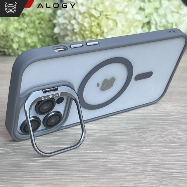 Etui hybrydowe ochronne do Apple iPhone 16 Pro Max Alogy KickStand Hybrid Case z podpórką do MagSafe Szare + szkło hartowane