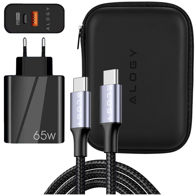Alogy Ładowarka Kabel Etui Zestaw Quick Charge QC 3.0 USB-A + USB-C PD 65W + kabel 2M Czarny