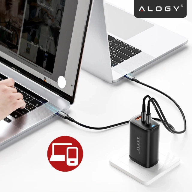 Ładowarka Sieciowa 3w1 z Technologią GaN3 65W, Szybkie Ładowanie PD i QC, Porty 2x USB-C 65W + USB-A 30W, Kompaktowa i Wydajna, Alogy GaNCharge Compact™ – Czarna