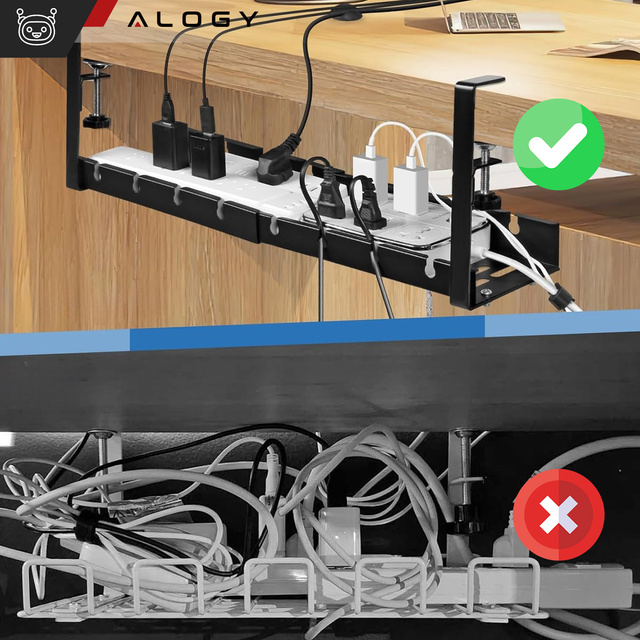 Alogy Organizer kabli pod blat półka regulowana na kable listwe biurkowy aluminiowy uchwyt Czarny 