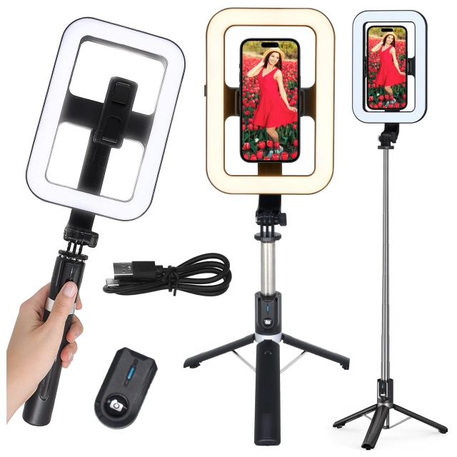 Kijek Selfie Stick Alogy GlowStick™ Pro Tripod Selfie z pilotem i lampą LED do zdjęć makijażu nagrywania filmików długi 132cm Czarny