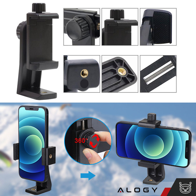 Alogy Uchwyt mocowanie adapter 360 na telefon do statywu selfie stick 1/4 czarny