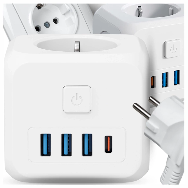 Alogy Rozgałęźnik sieciowy rozdzielacz Ładowarka adapter złodziejka 3 gniazdka PL/EU USB USB-C 7w1 5V 2.4A Biały