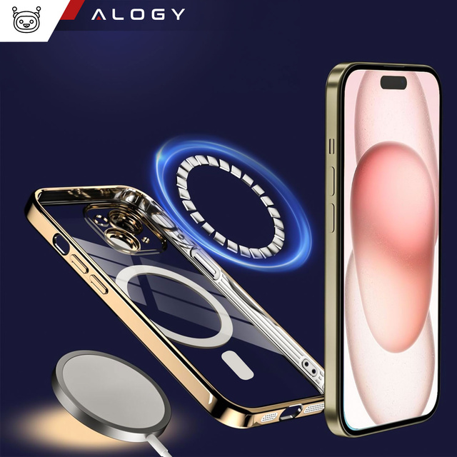Alogy Etui do iPhone 15 Plus MagSafe Case Glamour Luxury Ring obudowa Złote przezroczyste