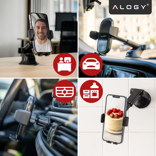 Uchwyt samochodowy na telefon szybę kratkę kokpit deskę do samochodu auta do telefonu 7" Alogy 3w1 Czarny + Organizer