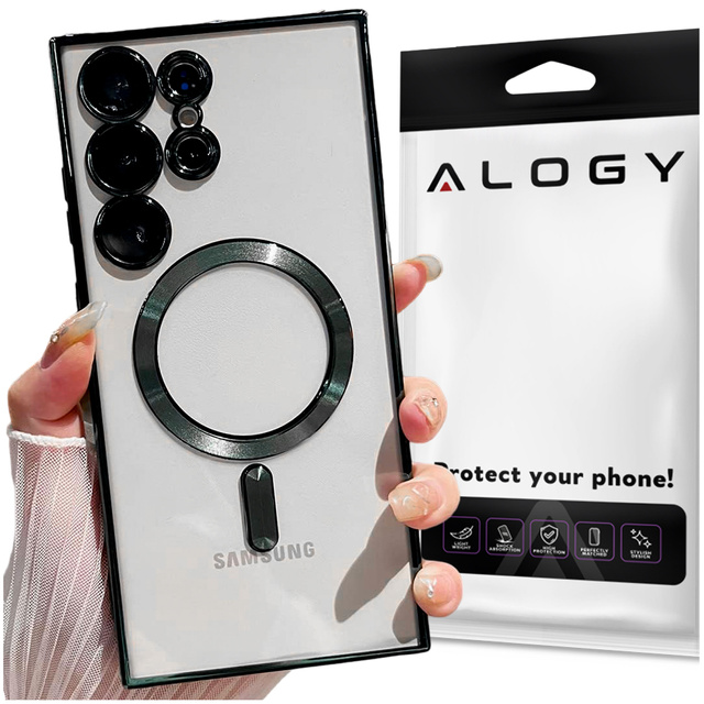 Alogy Etui na telefon do Samsung Galaxy S24 Ultra Mag Safe Case Glamour Case Ring obudowa Czarne przezroczyste