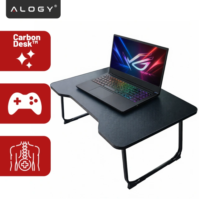 Stolik składany gamingowy 60×40 cm – biurko na laptopa z powierzchnią Carbon, lekki i przenośny, stabilna konstrukcja do domu i grania – Alogy CarbonDesk™ Czarny