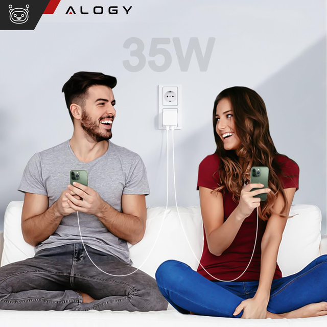 Alogy Ładowarka sieciowa szybka 35W 2x USB-C USB typ C PD do iPhone + Kabel type-C 1m Biała