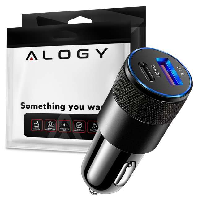 Alogy Ładowarka samochodowa do auta USB-C + USB 3.1A Czarna