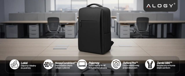 Plecak biznesowy na laptopa 15–16" – wodoodporny, odporny na wstrząsy, z kieszenią na butelkę i paskiem na walizkę – Alogy UrbanPack Pro™ Czarny