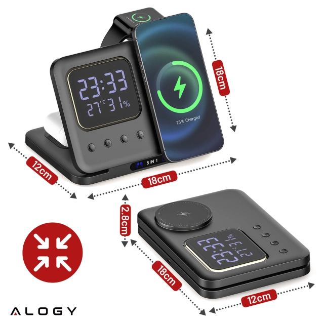 Ładowarka indukcyjna 5w1 składana Alogy MagStation Foldable Pro do MagSafe do Apple iPhone Watch AirPods z zegarem i higrometrem Czarna