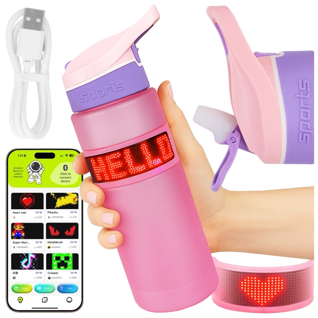 Butelka Bidon na Napoje LED, Inteligentna z Wyświetlaczem i Łącznością Bluetooth, Słomka, Motywacyjna, Wielokrotnego Użytku, Alogy FitBottle™ - Różowa