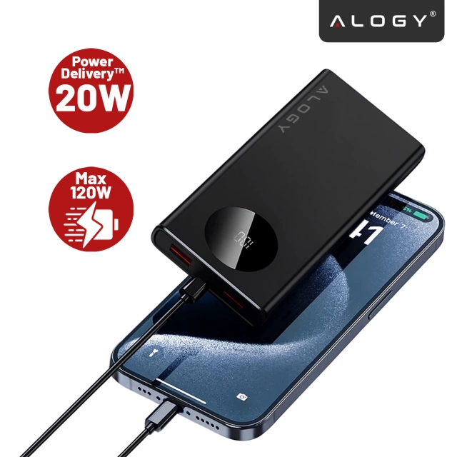 PowerBank 10000mAh z Technologią PD 120W, Szybkie Ładowanie PowerDelivery, Porty 2x USB-A i 1x USB-C, Wysoka Moc i Kompaktowy Design, Alogy TurboCharge™ – Czarny