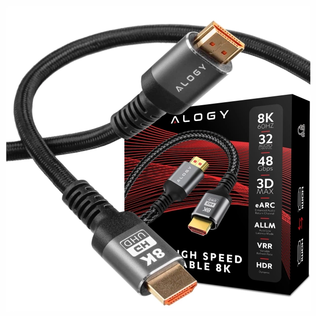 Kabel HDMI 2.1 15 m, 4K/8K Alogy Ultra High Speed™ 48 Gbps 60Hz, Premium z Pozłacanymi Końcówkami, Nylonowy Oplot, Miedziany – Czarny