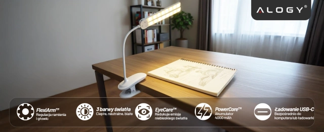 Lampka biurkowa nocna LED – akumulator 4000 mAh, podwójne oświetlenie, elastyczne ramię, klips z regulacją, idealna do biurka i łóżka – Alogy SmartClip™ Light Biała