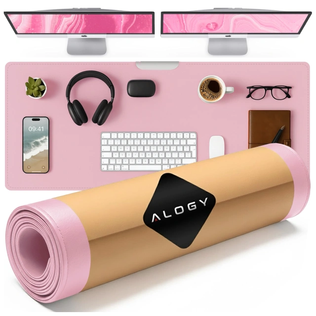 Podkładka na biurko 120×60 cm – antypoślizgowa mata ochronna z eleganckiej ekoskóry PU, pod mysz i klawiaturę, stylowa i trwała – Alogy WorkMat™ Różowa