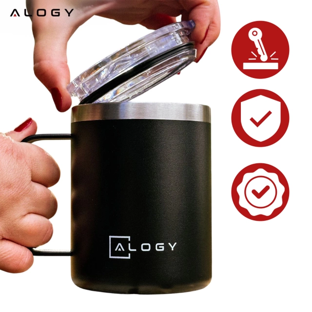 Alogy Kubek termiczny z uchwytem Thermal Mug otwierana pokrywka stalowy zimno i ciepło Czarny