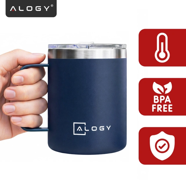 Alogy Kubek termiczny z uchwytem Thermal Mug otwierana pokrywka stalowy zimno i ciepło granatowy