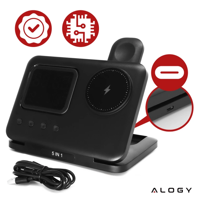 Ładowarka indukcyjna 5w1 składana Alogy MagStation Foldable Pro do MagSafe do Apple iPhone Watch AirPods z zegarem i higrometrem Czarna