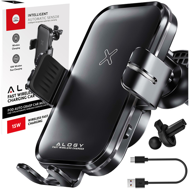 Alogy Uchwyt samochodowy Fast Wireless Charging Car Holder z Ładowarką Qi indukcyjną 15W do auta na kratkę