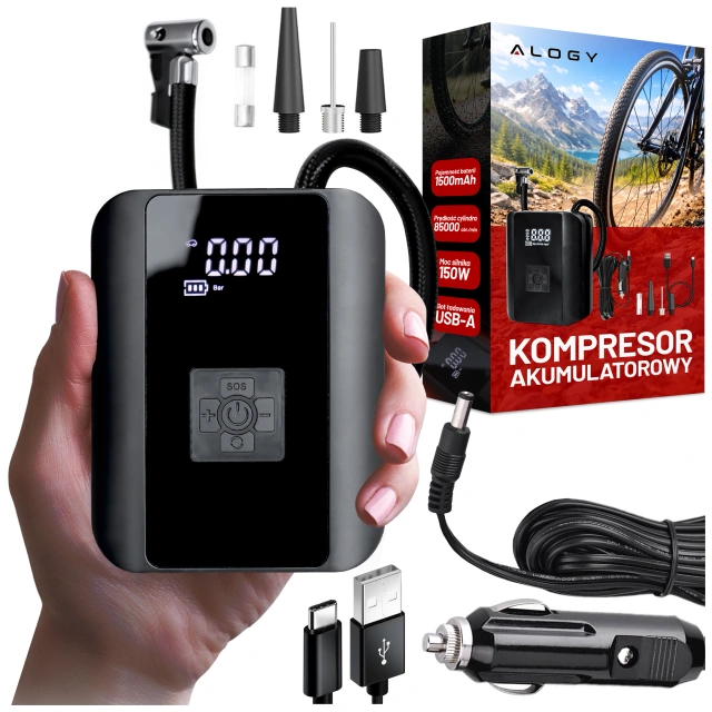 Alogy Pompka rowerowa kompresor powietrza bezprzewodowy przenośny z latarką 