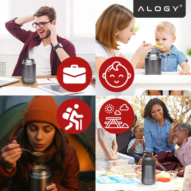 Alogy Termos obiadowy na jedzenie zupe dla dzieci 700ml ze stali nierdzewnej + składana łyżeczka termiczny szary
