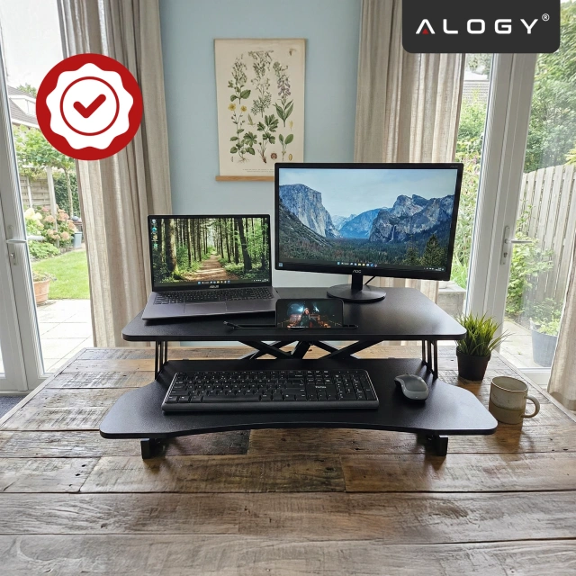 Biurko podstawka do pracy stojącej na biurko z podnoszeniem pneumatycznym 60×80 cm – regulacja wysokości 11–51 cm, dwupoziomowe, składane, idealne do Home Office – Alogy LiftDesk™ Czarne