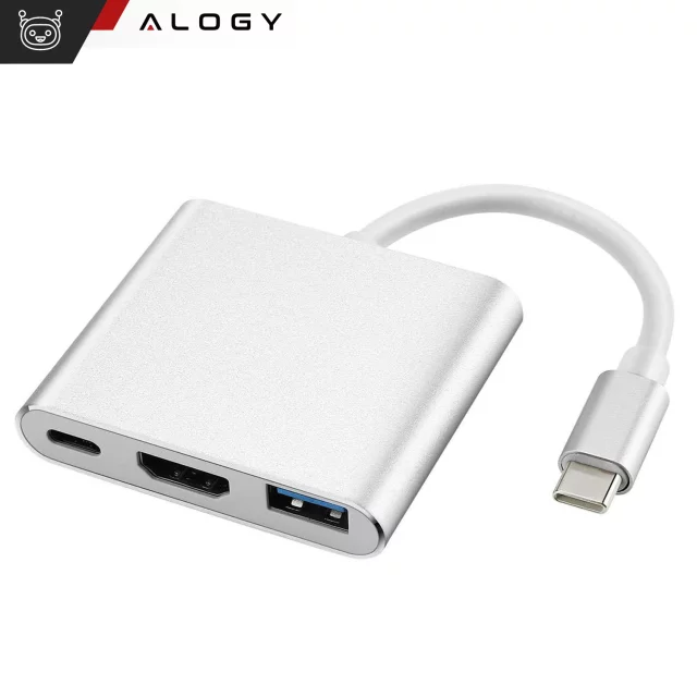 Alogy Adapter HUB 3w1 rozdzielacz USB-C 3.0 HDMI USB-A Srebrny