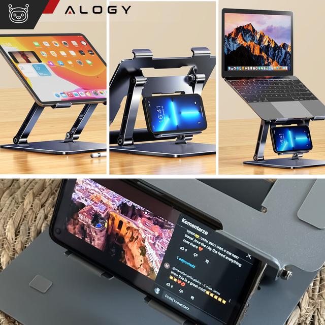 Alogy Uchwyt na laptop 17" Macbook tablet telefon stojak 2w1 podstawka składany regulowany aluminiowy na biurko Grafitowy
